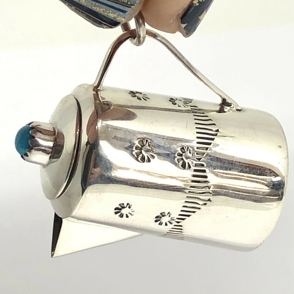 Navajo Mini Turquoise Coffee Pot Pendant Signed WKW Native Sterling BIGGER
